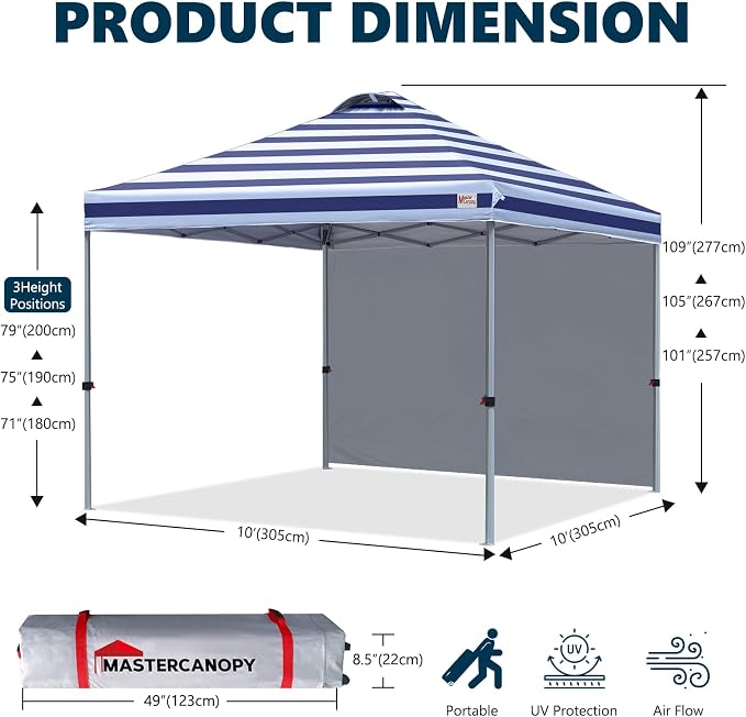 MASTERCANOPY 10x10 Pop Up Canopy Tent with 1 Sidewall, 1 Person Setup Instant Shelter, Outdoor Portable Beach Canopy, 1 Roller Bag, 4 Sandbags, 4 Ropes, 8 Stakes (10x10, Navy Blue Stripes)