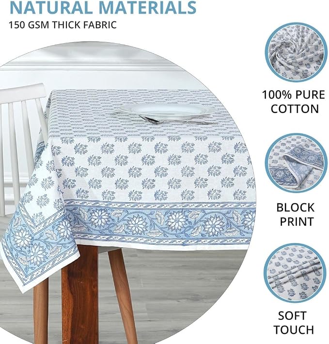 Ridhi Sky Beau Blue Hand Block Print Cotton Rectangle Tablecloth 118" x 70" inches Reusable Table Cover Decorative Everyday Use for Dining Room, Farmhouse, Home Gift for Spring, Mother's Day