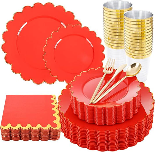 LIYH 210 Pcs Red Plastic Plates - Red Disposable Plates and Napkins Set, Gold Scalloped Plastic Plate Include Dinner & Dessert Plate, Silverware, Cups for Valentine's Day 30 Guests