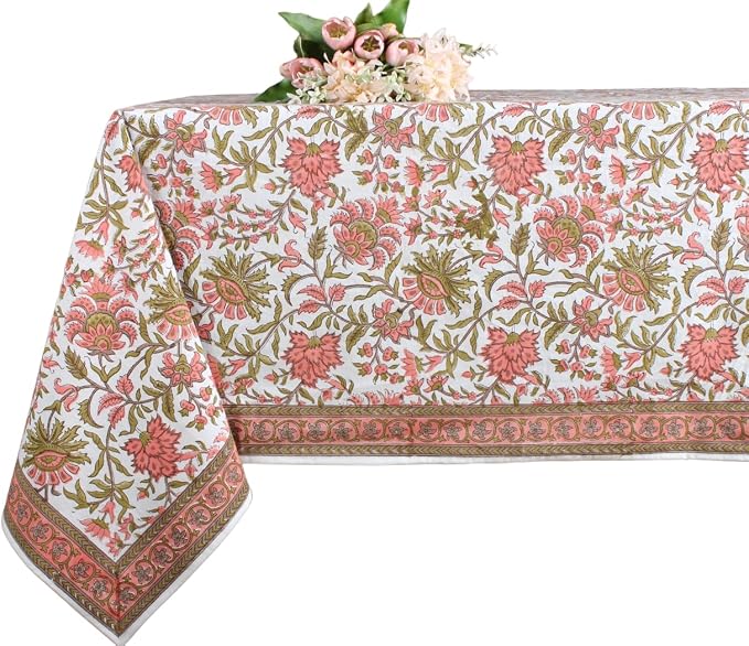 Ridhi New York Pink and Olive Green Hand Block Print Cotton Rectangle Tablecloth 160" x 72" inches Reusable Table Cover Decorative Everyday Use for Dining Room, Farmhouse, Gift Spring, Mother's Day
