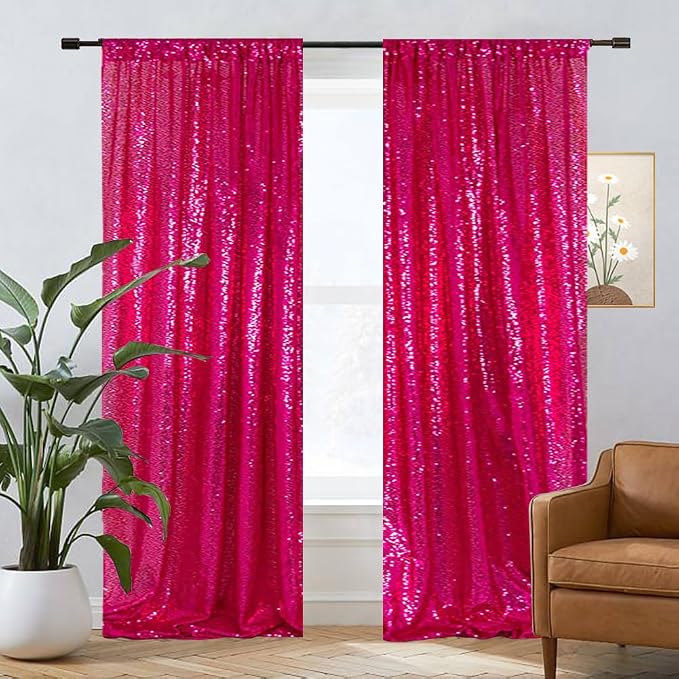 Eternal Beauty Sequin Backdrop Curtains, 2x8 Ft-2 Panels Hot Pink Back Drop for Mother's Day Shimmer Photography Party Wedding Birthday Decor