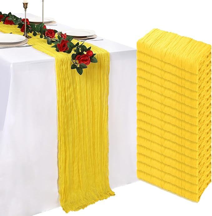 16 Pack Lemon Yellow Cheesecloth Table Runner 10ft Boho Gauze Fabric 120 Inch Cheese Cloth Table Runner Rustic Sheer for Holiday Baby Shower Party Décor Home Wedding Decoration