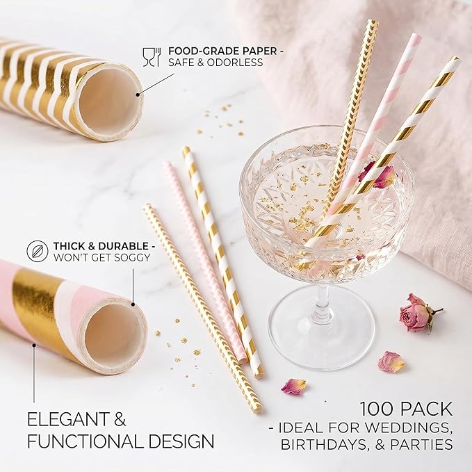ALINK Biodegradable Paper Straws, 100 Pink and Gold Straws for Party Supplies, Birthday, Wedding, Bridal/Baby Shower, Christmas Decorations and Holiday Celebrations
