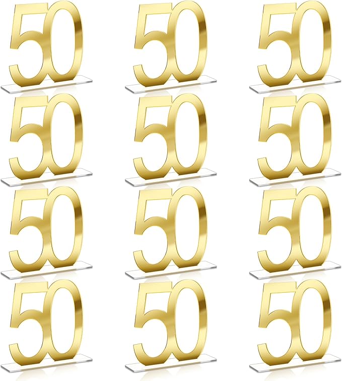 Threehoney 12 Pcs Mirror Gold 50th Birthday Decorations for Men and Women Acrylic Anniversary Decorations Table Numbers Centerpieces for Birthday Party