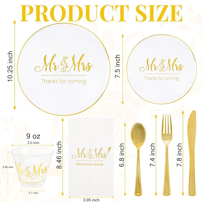 I00000 Mr and Mrs Wedding Plastic Plates and Napkins Set,Bridal Shower Plates Set for 25 Guests Include 25 Dinner Platos,25 Dessert Platos,25 Cups,25 Napkins,25 Gold Cutlery for Engagement Party Decor