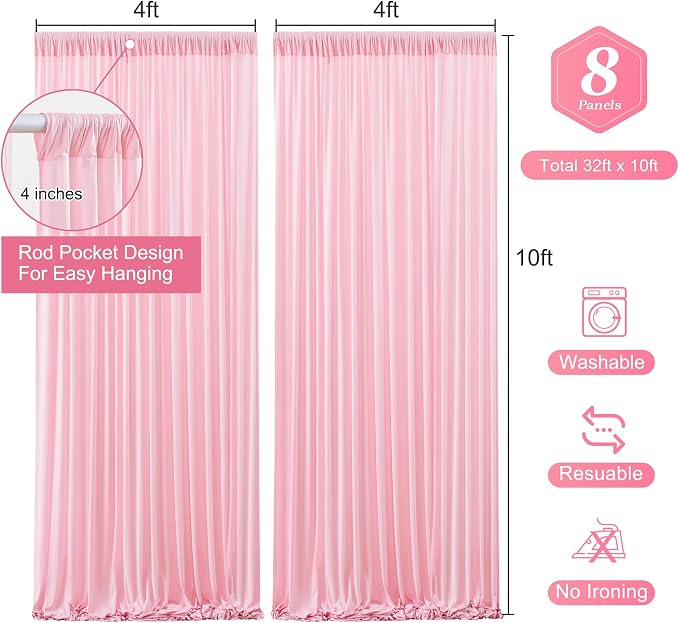 Pink Backdrop Curtains-Wrinkle-Free Polyester Photography Drapes Party Curtain Background for Baby Shower Wedding Decorations- 32 X10FT (Pink)