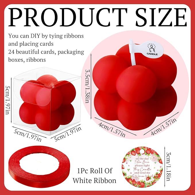 MTLEE 24 Sets Strawberry Baby Shower Favors Small Bubble Candle for Guests Tea Candles Bulk with Stylish Ribbons Cards Gifts Party Decoration(Bright Red, Strawberry)