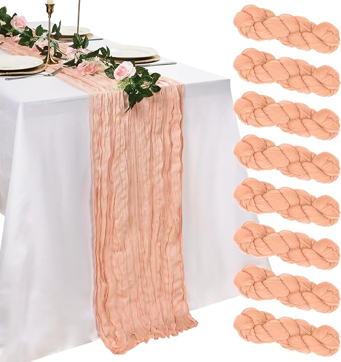 8 Pack Blush Pink Cheesecloth Table Runner 10ft Boho Gauze Fabric 120 Inch Cheese Cloth Table Runner Rustic Sheer for Holiday Baby Shower Party Décor Home Wedding Decoration