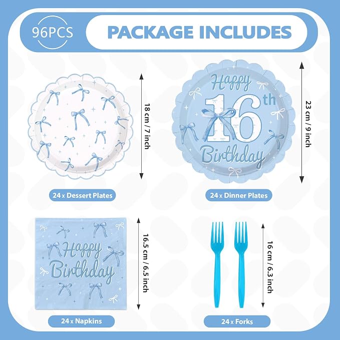 96Pcs Blue White Bow 16th Birthday Decorations for Girls Serves 24