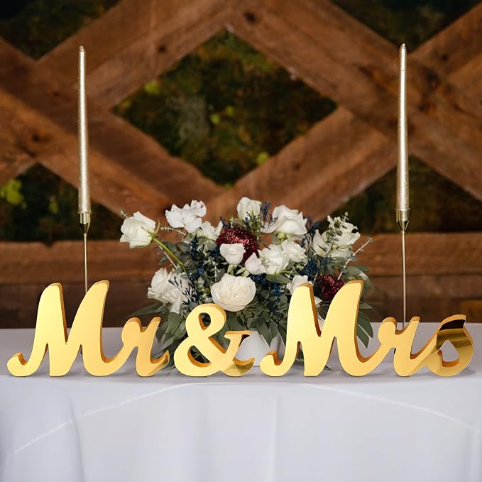 Yuntau Mr & Mrs Table Sign with Acrylic Mirror Wooden Freestanding Letters Sweetheart Table Decorations & Photo Props for Wedding Anniversary Parties Photo Props, Rustic Shower Gift(Gold)