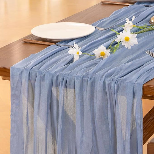 Socomi 3pcs Dusty Blue Summer Cheesecloth Table Runner Boho Rustic Gauze 120 inch 10FT Cheese Cloth Sheer Runner for Wedding Party Baby Shower Birthday Home Decor Holiday Decorations