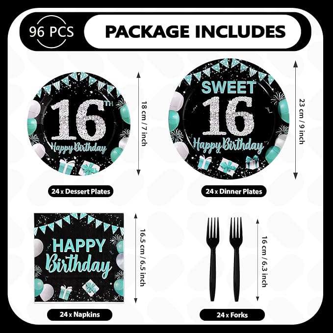 96Pcs 16th Birthday Party Supplies Teal Blue and Black Plates and Napkins Disposable Turquoise 16 Years Old Paper Tableware Set for Boys Girls 16th Birthday Graduation Party Decorations Serve 24