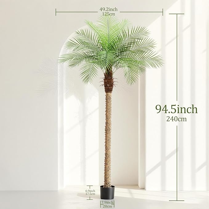 8ft Artificial Phoenix Palm Tree Tall Artificial Palm Trees with 18 Adjustable Leaves,Faux Phoenix Palm Plants for Outside Patio Pool Home Office Living Room Yard (1Pcs, 8ft)