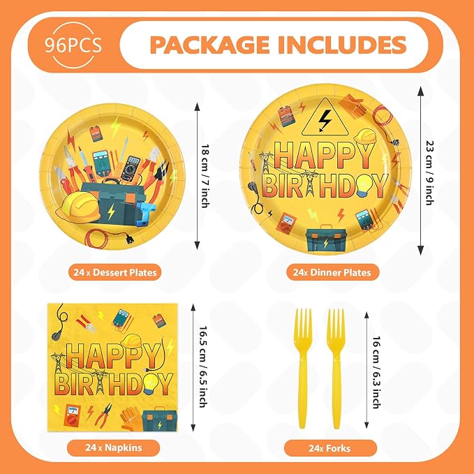 96Pcs Electrician Birthday Party Decorations Electrician Lineman Plates and Napkins Handyman Tools Decoration for Man Congrats Grad Construction Builder Carpentry Party Supplies Serves 24