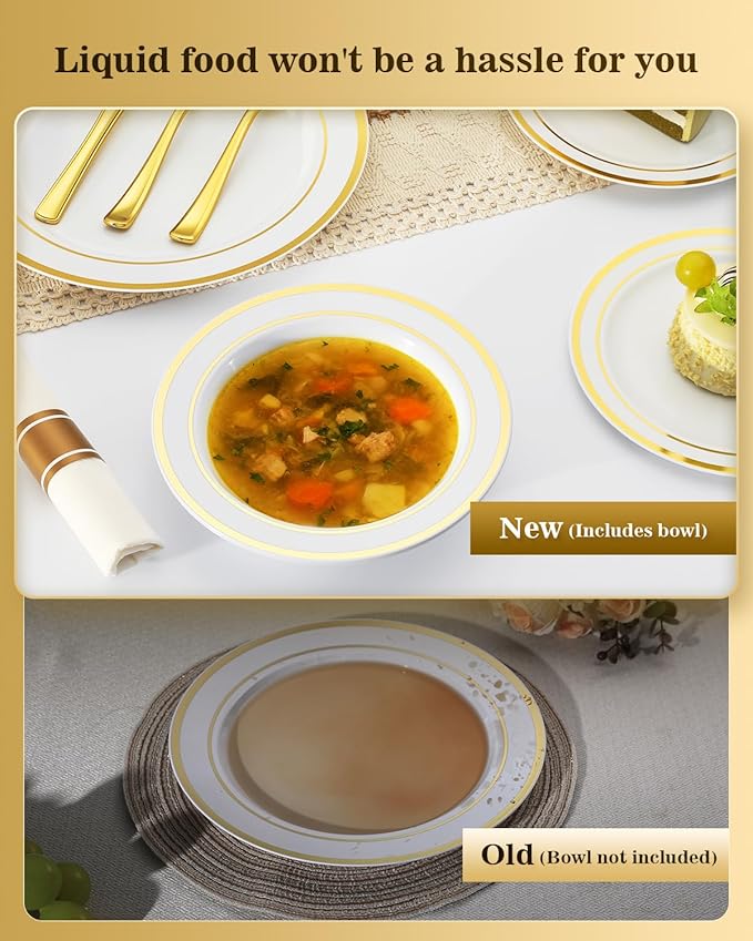 BESTVIP 400PCS Gold Plastic Dinnerware Set, Disposable Party Supplies for 50 Guests - Include 100 Plates, 50 Leak-Proof Soup Bowls, 50 Pre Rolled Napkins with Gold Silverware, 50 Cups