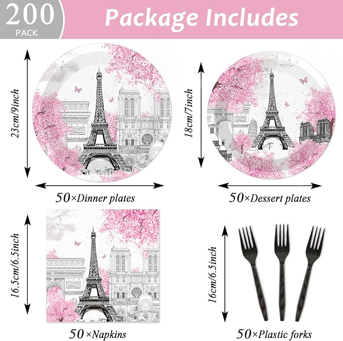 Naozinebi 200pcs Paris Eiffel Tower Plates Napkins Parisian Party Paris European City Tableware Set Landscape Pink Dinnerware Paper Tableware Bundle Baby Shower Decor Supplies Serve 50