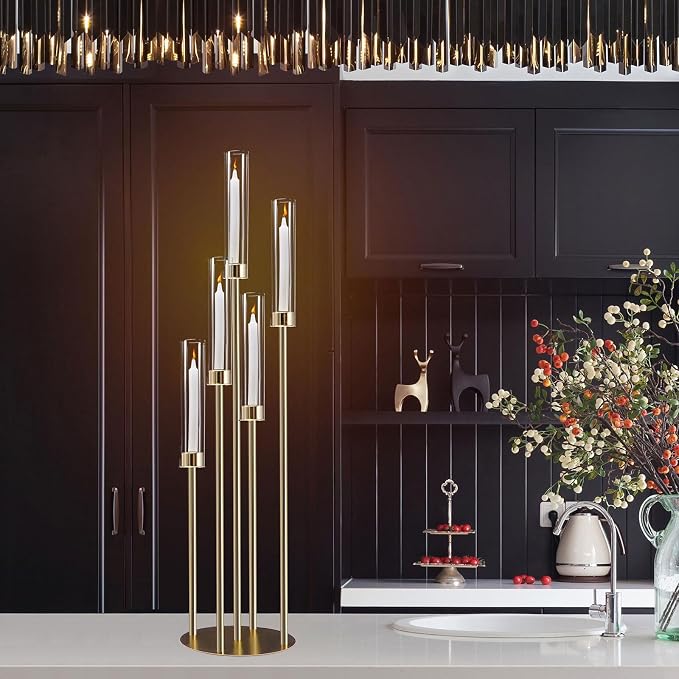 Gold Candelabra with Glass Cylinders for Real Candles 5 Arms Metal Candle Holder Wedding Event Party Home Decoration Centerpiece (1, L)