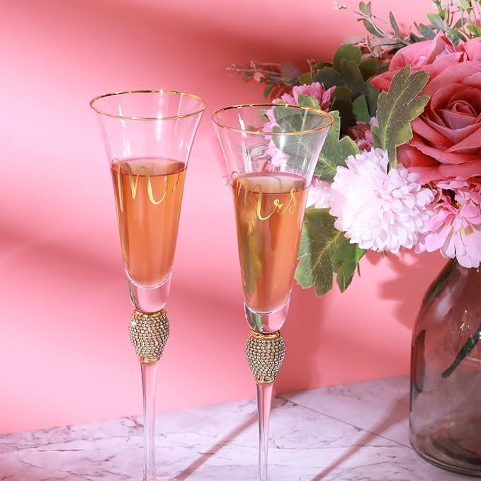 Boao 4 Piece Mr and Mrs Champagne Flutes and Cake Knife Server Set Crystal Wedding Toasting Flutes Rhinestone Cake Cutting Set for Bride and Groom Wedding Engagement Bridal Shower Gifts(Gold)