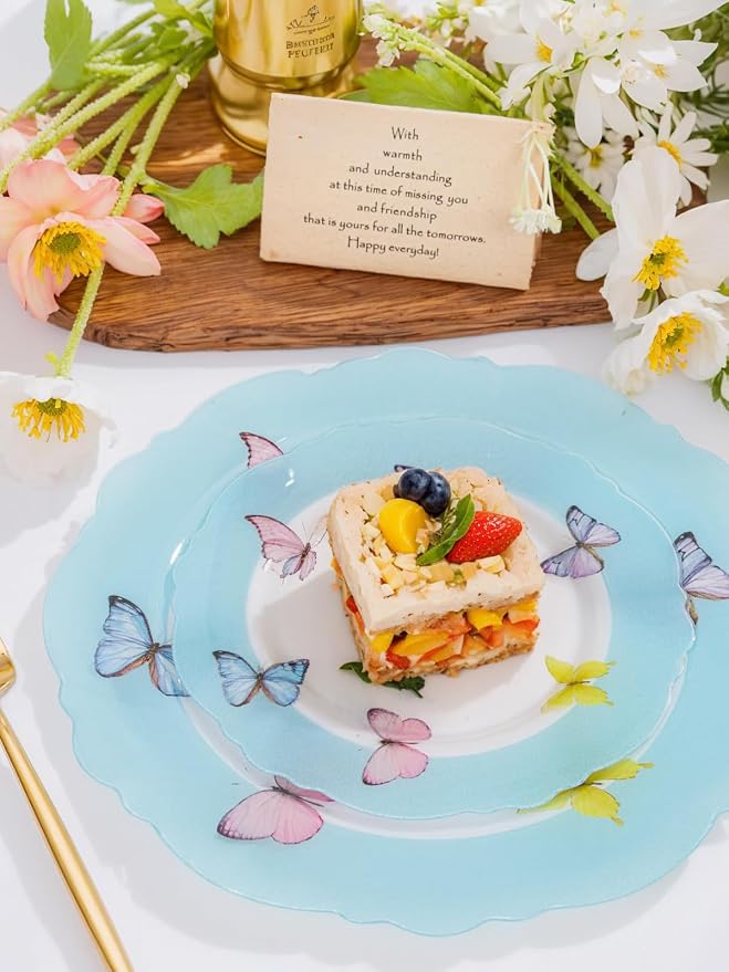 WDF 20PCS Blue Butterfly Plates - Baroque Spring Plates Disposable - Light Blue Butterfly Party Decorations for Birthdays/Tea Party/Bridal Shower