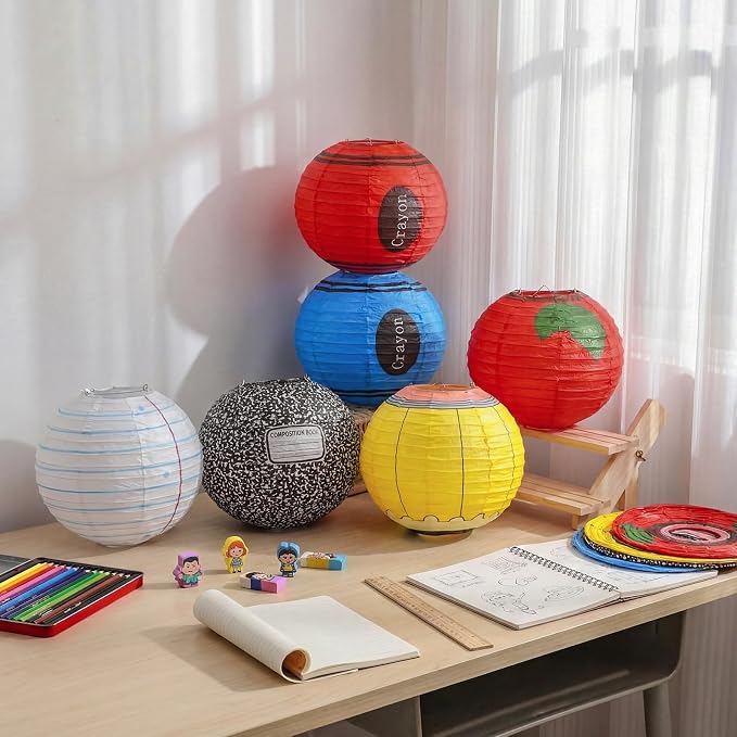 Retisee 12 Pcs Back to School Classroom Paper Lanterns 10 Inch Classroom Hanging Decoration Pencil Crayon Apple Decorative Lanterns Ceilings Decor for First Day of School Welcome Party Supplies