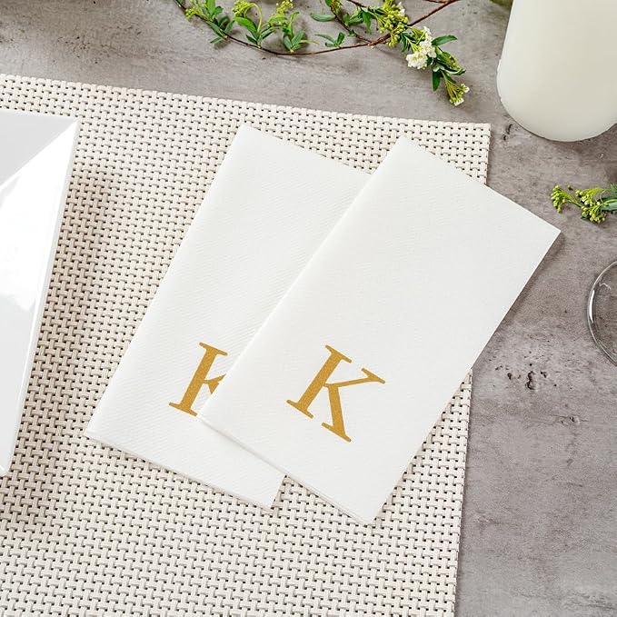 Luxenap 15.8 X 7.9 Inch Linen-Feel Guest Towels, 50 Lettered Hand Towels - Gold Letter 'K', Sans Serif Font, White Paper Dinner Napkins, airlaid, For Restrooms And Tables