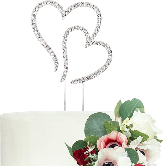 LOVENJOY Gift Boxed Two Hearts One Love Rhinestone Wedding Cake Topper Silver