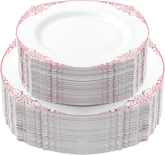 Bestluck 100 PCS White and Rose Gold Plastic Plates for 50 Guests, Rose Gold Disposable Plates Include 50 PCS Dinner Plates, 50 PCS Dessert Plates for Party, Wedding and Baby Shower