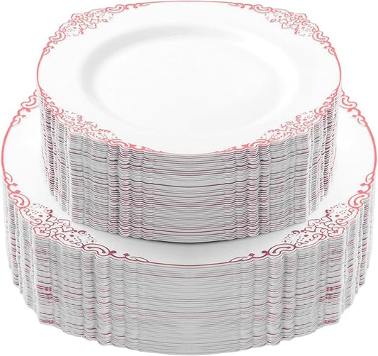 Bestluck 100 PCS White and Rose Gold Plastic Plates for 50 Guests, Rose Gold Disposable Plates Include 50 PCS Dinner Plates, 50 PCS Dessert Plates for Party, Wedding and Baby Shower