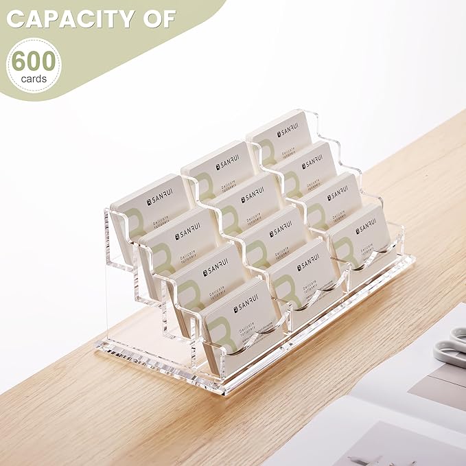 YUXUN Business Card Holder Display for Desk-12 Slots 4 Tier, Clear Multiple Acrylic Cards Stand for Women and Men, Business Card Holder Case for Office Supplies Home School