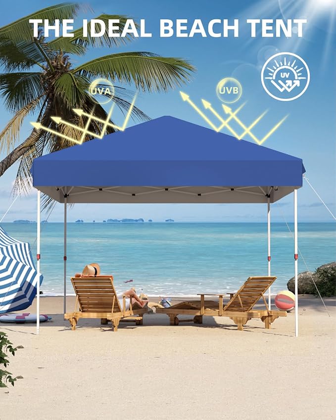 GarveeLife 10x10 Pop Up Canopy with One Button Push Setup - Heavy Duty Outdoor Canopy Tent with Portable Roller Bag - 3 Adjustable Height, 4 Weight Bags, 8 Stakes & 4 Guy Ropes Included, Blue