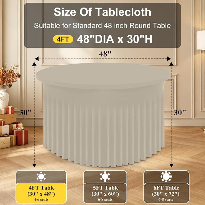 Smiry Round Spandex Tablecloth 2 Pack, Elastic Fitted Washable Tablecloths for 48 Round Tables, Waterpoof Stretch Table Cover Skirt for Outdoor, Wedding, Banquet & Parties, Taupe