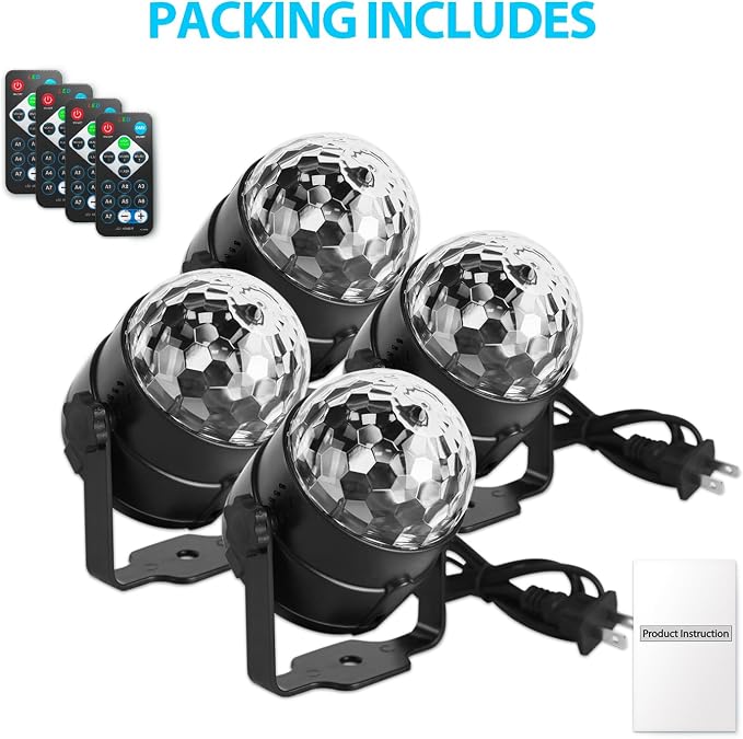 NEQUARE Disco Ball DJ Party Lights Sound Activated with Remote Control Strobe Lamp 7 Modes Stage Light for Home Room Dance Parties Karaoke Halloween Christmas Birthday Decorations[4-Pack]