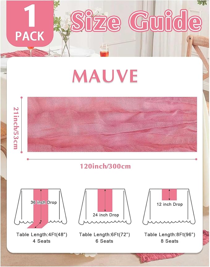 Mauve Cheesecloth Table Runner 21x120 Inch Gauze Table Runners Reusable Polyester 10ft Boho Rustic Cheese Cloth Table Runner for Wedding Party Baby Shower Birthday