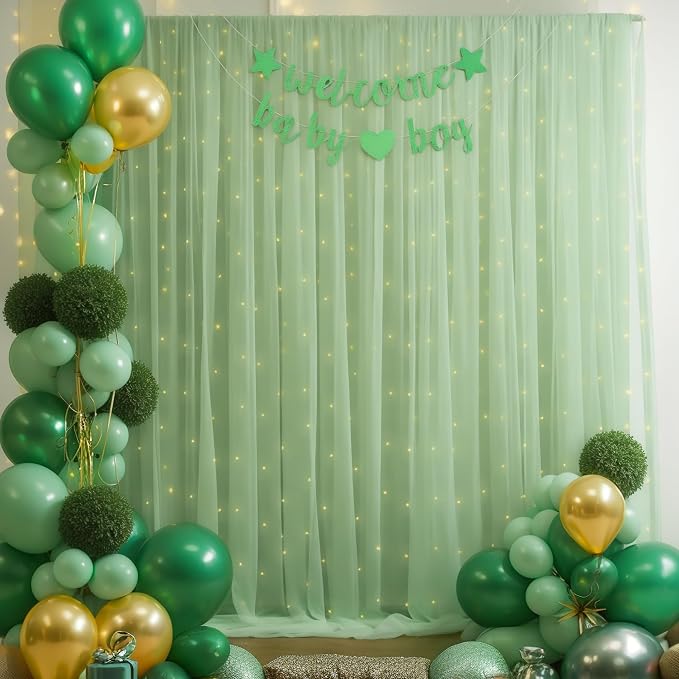 10x8ft Olive Green Tulle Backdrop Curtain with Lights String for Parites, Sheer Photo Backdrop Drapes with Lights for Wedding Backdrop Ceremony Reception Bridal Shower Baby Shower Birthday Party