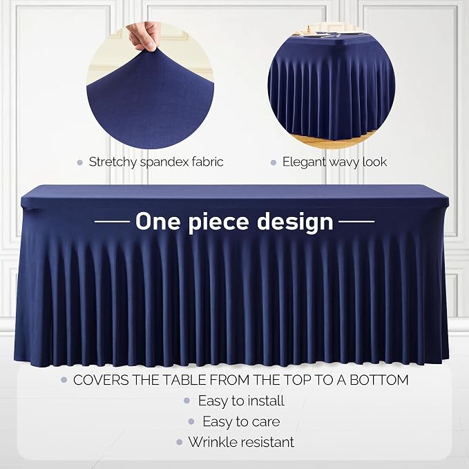 6 Packs Navy Blue Tableclothes for 8 Foot Rectangle Tables, One-Piece Wrinkle Resistant Stretch Spandex Table Covers with Skirt for Event Banquet Wedding Birthday Party