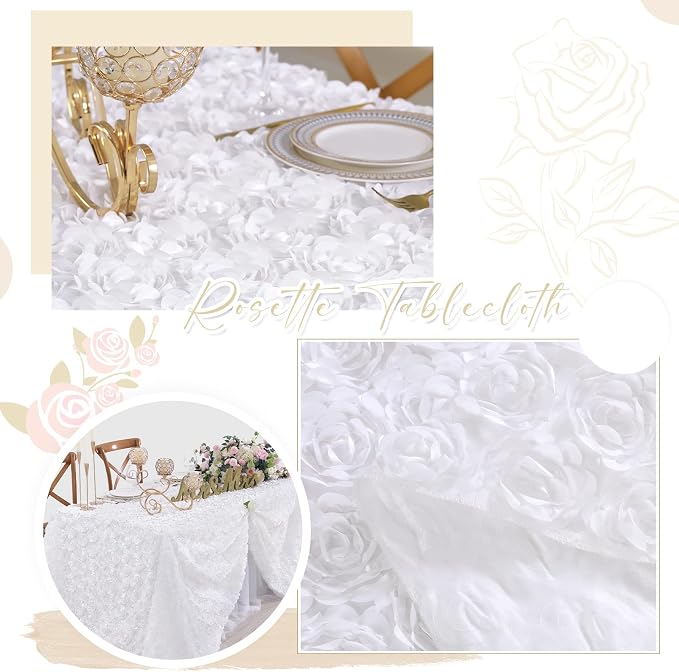 Fanqisi Rosette Tablecloth White 50x80 Inches Rectangular 3D Floral Satin Rosette Fabric Table Cover Grandiose Wedding Party Baby Shower Decorations