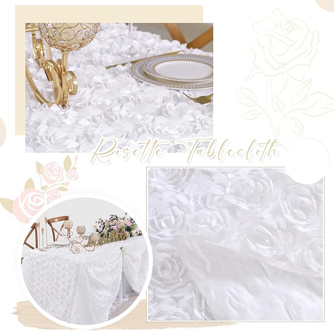 Fanqisi White Tablecloth 50x102 Inches Rosette Wedding Tablecloth Party Table Decor Rectangle Satin Floral Table Cover for Baby Shower Decorations