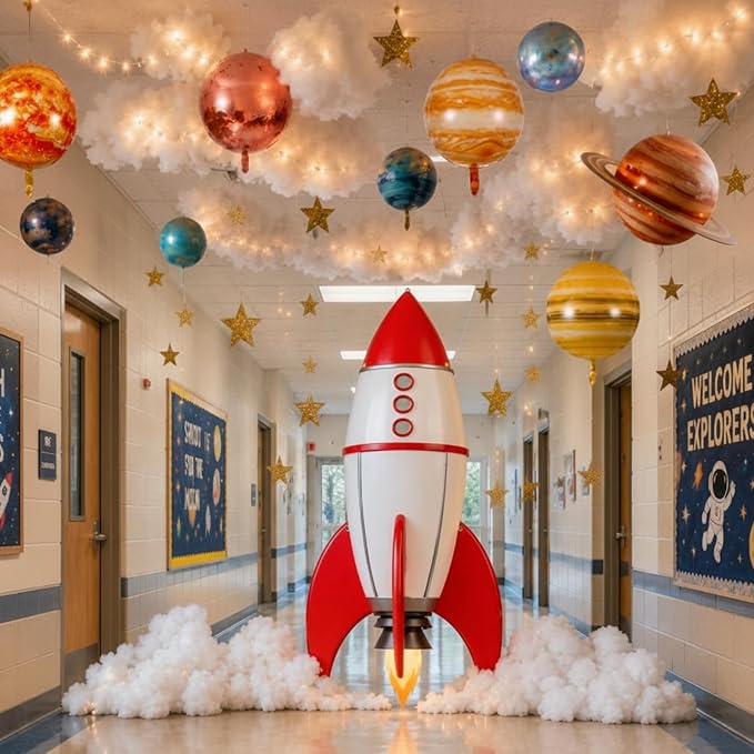 Thenshop Space Classroom Galaxy Decor for 2026 Vbs Ceiling Ornament, 34.45 x 70.87 inch Rocket Ship Backdrop Banner Solar Balloons LED Fairy Lights for Vacation Bible School Class Decor