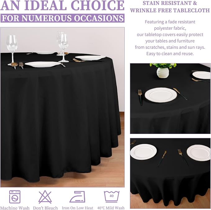 Showgeous 4 Pack Black Round Tablecloth 120 Inch Polyester Table Cloth for Tables - Washable Decorative Fabric Covers for Wedding, Dining, Party, Banquet, Buffet