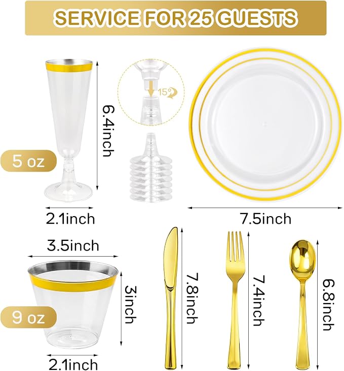 150PCS Gold Plastic Plates Set for 25 Guests, Disposable Dinnerware Set of 25 Small Dessert Plates 7.5", Cups 9" ,Champagne Flutes Cups 5", Spoons, Forks, Knives for Birthday Wedding & Party Supplies