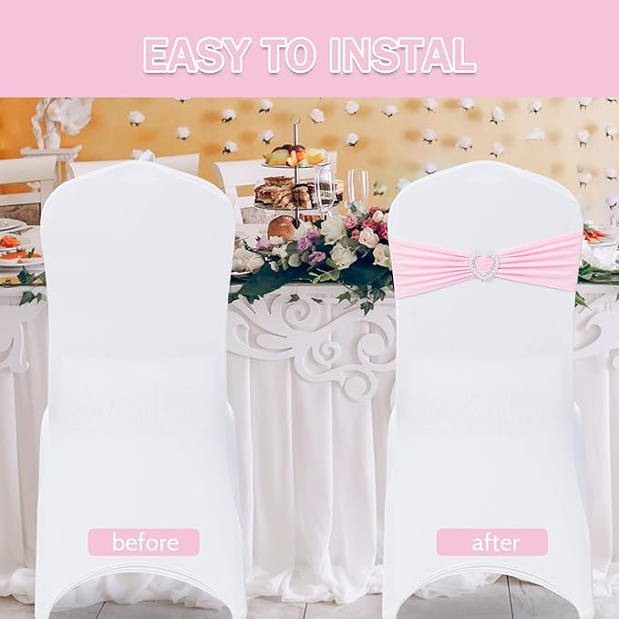 Howhic Pack of 30 Spandex Chair Sashes Bows Stretch Chair Cover Band with Buckle Slider Universal Elastic Chair Ties for Wedding Banquet Party Event Decoration (Pink)