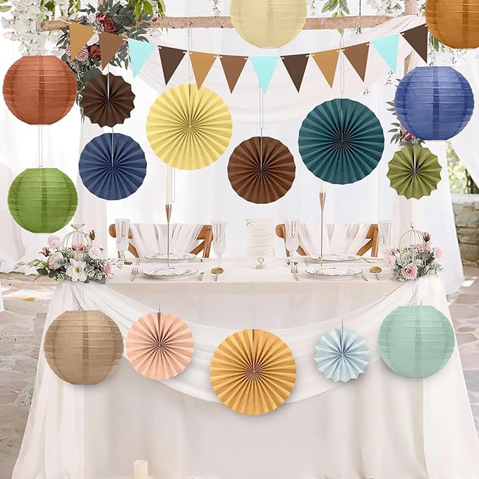 EEEKit 20 PCS Hanging Paper Fans for Birthdays, Boho Party Fan Decorations Set with Lanterns and Flags for Christmas, Wedding Decor