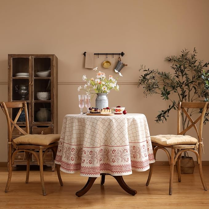 ISAENNE Designer Linen Round Tablecloth,Diameter 67"-Chamonix A | Vintage Elegant Plaid Print Beautiful Heavy Table Cloth,Chinoiserie,Dining Room,Tea Party,Kitchen,Thanksgiving,Decor
