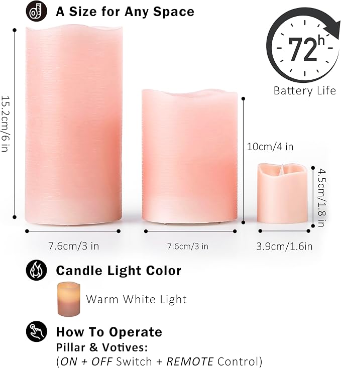 FURORA LIGHTING Pink Flameless Candles, 8-Pack Set with Remote & Timer | Includes 4 pillars and 4 votives. Creates a soft, romantic pastel pink glow perfect for weddings and bedroom aesthetics.