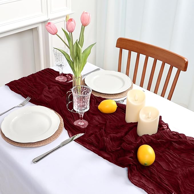 16 Pack Burgundy Cheesecloth Table Runner 10ft Boho Gauze Fabric 120 Inch Cheese Cloth Table Runner Rustic Sheer for Holiday Baby Shower Party Décor Home Wedding Decoration