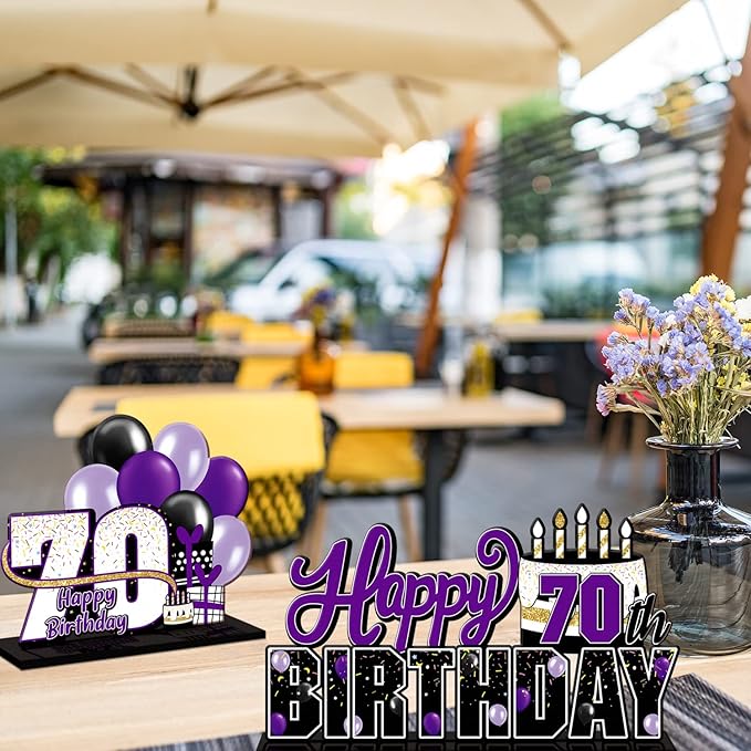 LINGTEER Happy 70th Birthday Purple Acrylic Table Topper Centerpieces Set - Cheers to Seventy Years Old Birthday 70th Bday Party Gift Decorations.