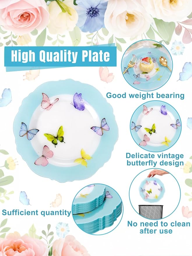 WDF 20PCS Blue Butterfly Plates - Baroque Spring Plates Disposable - Light Blue Butterfly Party Decorations for Birthdays/Tea Party/Bridal Shower