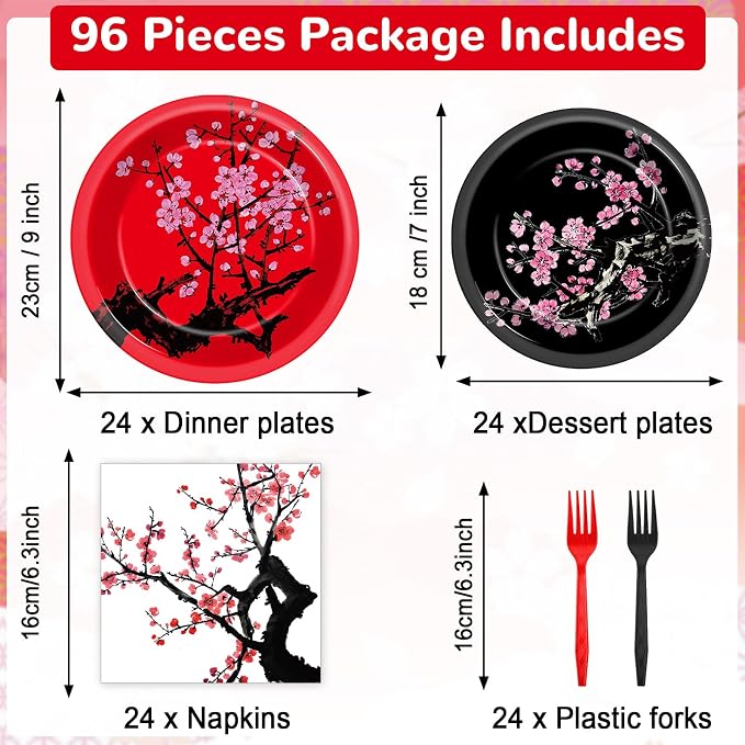 96Pcs Hibachi Party Decorations Chinese Japanese Cherry Blossom Tableware Sets Cherry Flowers Party Plates and Napkins for Hibachi New Year Spring Festival Wedding Supplies for 24 Guests