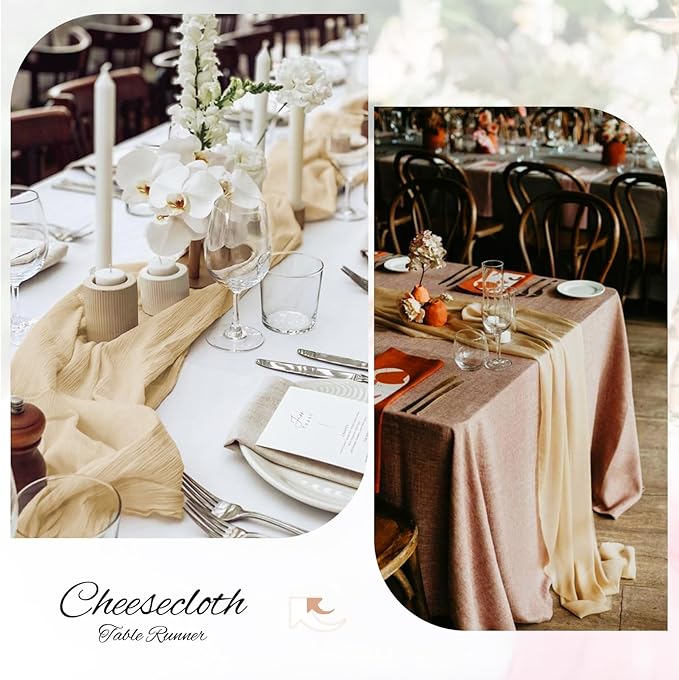 Showgeous 6 Pack Beige Cheesecloth Table Runner, 10FT Long Semi-Sheer Boho or Rustic Gauze Table Runner Wedding Table Decor for Wedding Arch Draping Bridal Shower Holiday Party