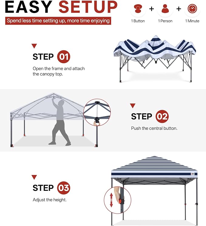 ABCCANOPY 10x10 Pop Up Canopy Tent, Easy Setup Instant Shelter with Wheeled Bag, Heavy Duty Outdoor Canopy for Beach, Market, Backyard, Outdoor Weather Protection (Navy Blue Stripes, 10x10)